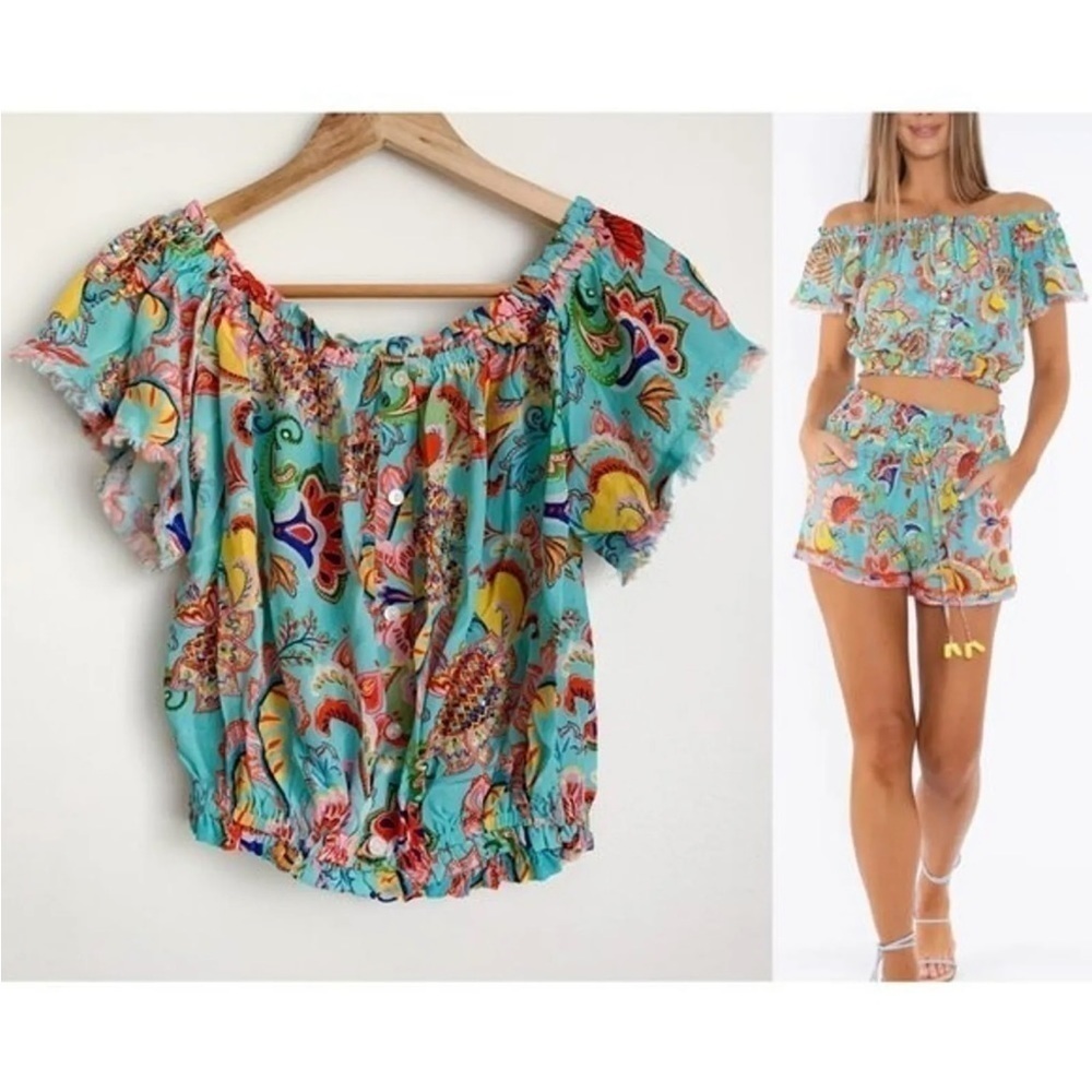 TAJ By Sabrina Crippa Lita Top Turquoise Happy Flower Small Resort Women’s new